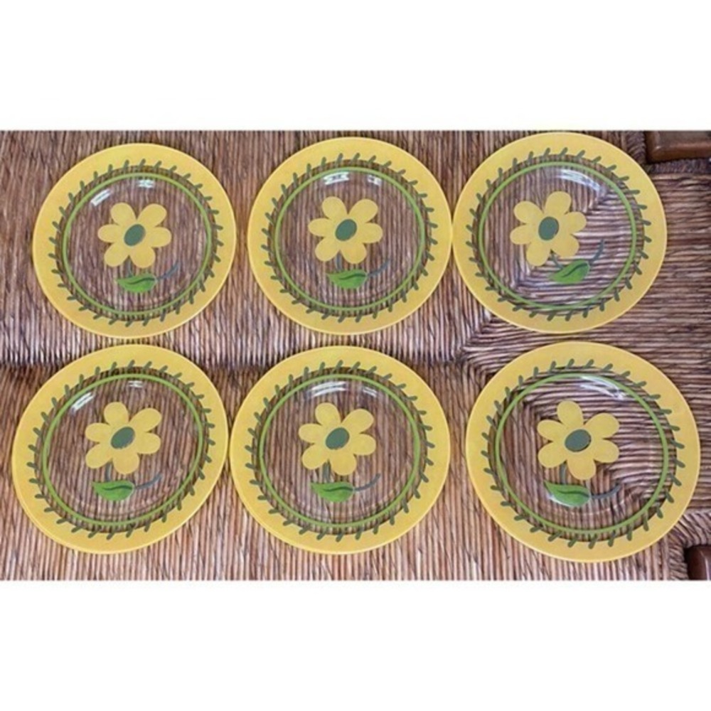 6 Vintage Glass Salad Plates by Marc PALLUY Made in France Yellow Flower Pattern